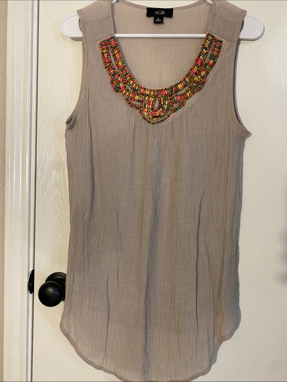AGB Taupe Sleeveless Tank with Multicolor Beaded Neckline